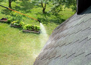 Hose spraying water on a house roof from the lawn in a green backyard garden
