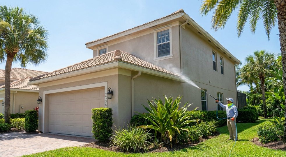 Contractor soft washing a Florida stucco home exterior and roof with a low-pressure sprayer